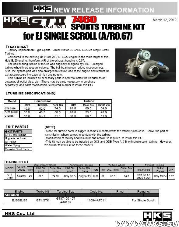 11004-AF011 GTII 7460 SPORTS TURBINE KIT EJ SINGLE SCROLL